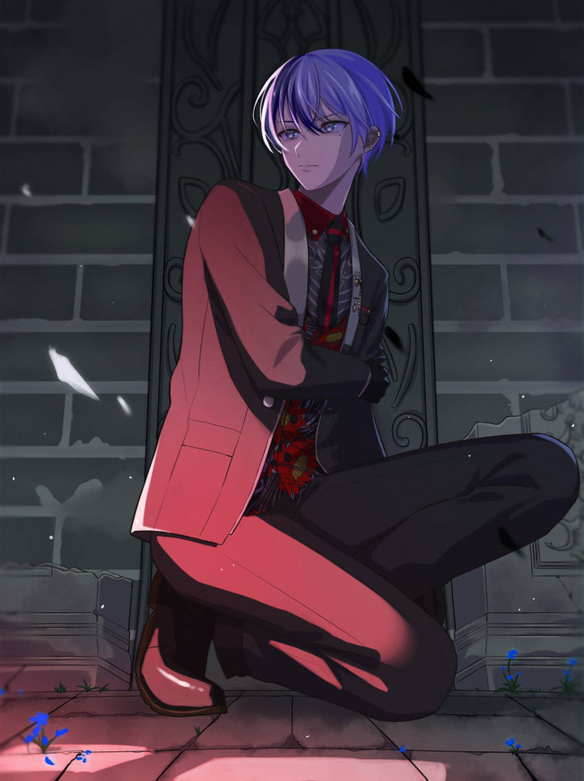 1boy absurdres aoyagi_touya black_gloves blue_hair breast_pocket collared_shirt commentary_request dark_blue_hair ear_piercing full_body gloves grey_eyes hair_between_eyes hand_on_own_arm highres lapels light_up_the_fire_(project_sekai) long_sleeves male_focus mole mole_under_eye multicolored_hair necktie official_alternate_costume piercing pocket project_sekai shawl_lapels shirt short_hair solo split-color_hair two-tone_hair yk62