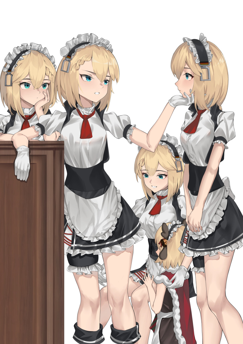 5girls absurdres aged_down apron black_skirt blonde_hair blue_eyes breasts clone commentary_request dress frilled_apron frilled_dress frilled_shirt frills g36_(every_child's_x'mas_dream)_(girls'_frontline) g36_(girls'_frontline) girls_frontline gloves grabbing_another's_chin hair_between_eyes hand_on_another's_chin head_rest highres looking_at_another maid_headdress medium_breasts multiple_girls necktie puffy_short_sleeves puffy_sleeves red_necktie rspvo_neva shirt short_sleeves simple_background sitting skirt standing waist_apron white_apron white_background white_gloves white_shirt