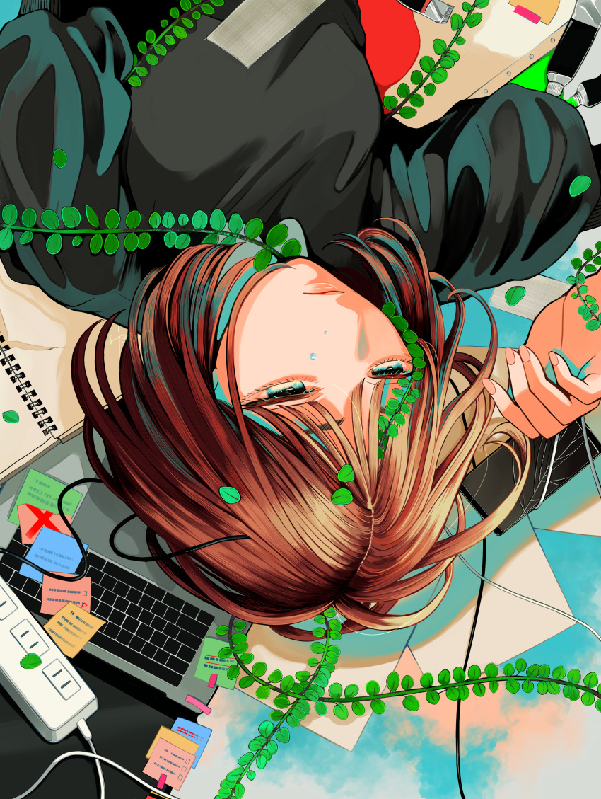 1girl absurdres black_shirt book brown_hair cellphone computer crack highres keyboard_(computer) laptop lying on_back open_book original paint_tube paper phone plant power_strip richard-kun shirt smartphone solo sticky_note vines