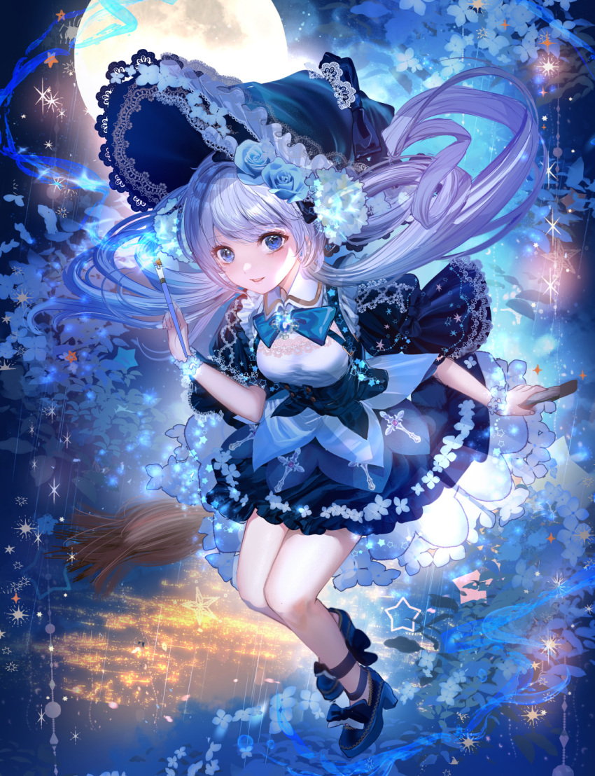 1girl blue_bow blue_bowtie blue_eyes blue_flower blue_footwear blue_headwear blue_jacket blue_skirt blue_theme blush bow bowtie bracelet breasts city_lights collared_shirt floating floating_hair flower frilled_headwear full_body full_moon glowing hair_flower hair_ornament hat high_heels highres holding holding_wand jacket jewelry komorihikki legs_together long_hair long_sleeves looking_at_viewer miniskirt moon open_clothes open_jacket original parted_lips pleated_skirt raised_eyebrows shirt sidelocks skirt small_breasts smile solo star_(symbol) swept_bangs thighs wand white_hair white_shirt witch_hat
