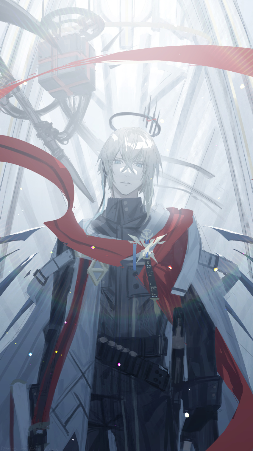 1boy absurdres arknights black_gloves black_jacket black_pants blue_eyes commentary_request executor_(arknights) executor_the_ex_foedere_(arknights) gloves grey_hair hair_between_eyes halo highres jacket long_sleeves looking_at_viewer male_focus pants parted_lips robot shinonoi_kekki solo standing