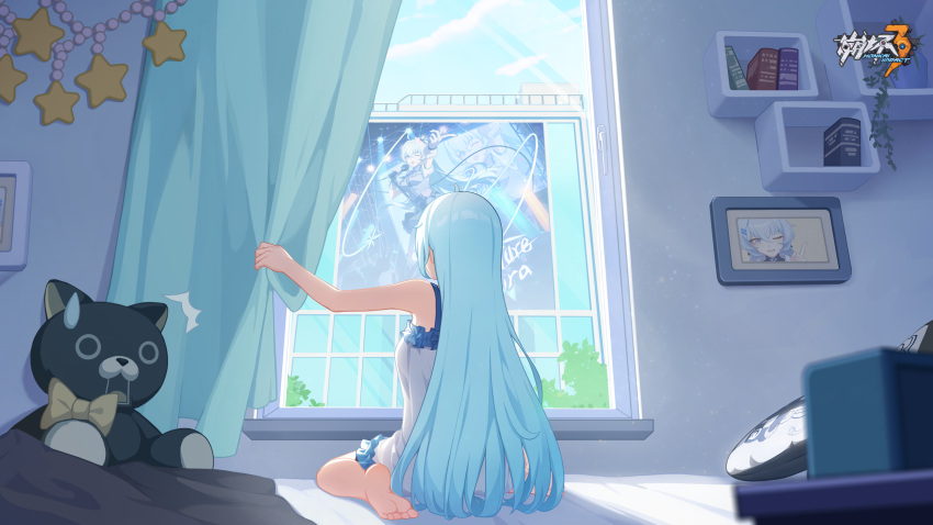 1girl alternate_costume bare_arms bare_legs bedroom book chinese_commentary curtain_grab curtains day dress highres honkai_(series) honkai_impact_3rd indoors kneeling logo long_hair m_legs official_art official_wallpaper poster_(object) ribbon shigure_kira solo stuffed_animal stuffed_toy teddy_bear white_dress yellow_ribbon