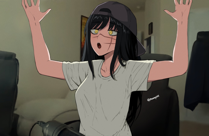 1girl absurdres arms_up backwards_hat black_hair breasts chainsaw_man cosplay cr1tikal cr1tikal_(cosplay) cross_scar hat highres large_breasts long_hair looking_to_the_side masoq095 meme open_mouth photo-referenced real_life ringed_eyes scar scar_on_cheek scar_on_face shirt solo twitter_username white_shirt woo_yeah_baby!_that's_what_i've_been_waiting_for_(meme) yellow_eyes yoru_(chainsaw_man)