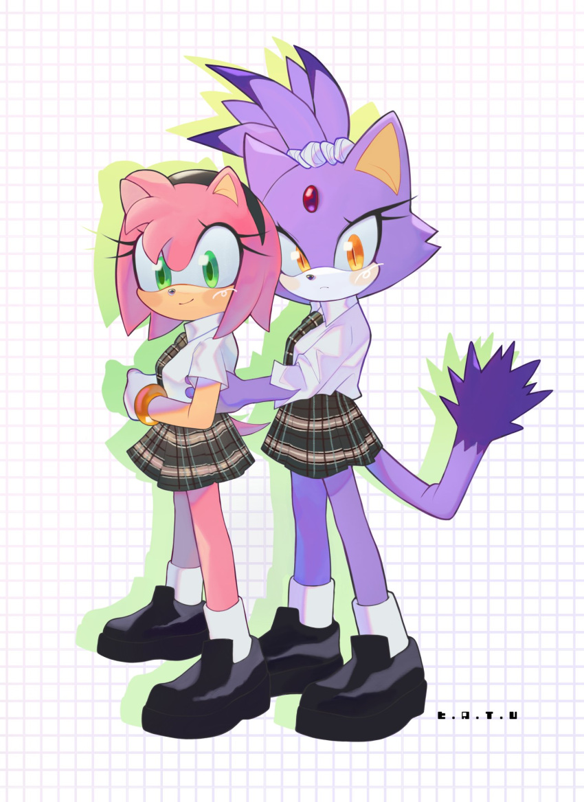 2girls alternate_costume amy_rose animal_ears animal_nose black_footwear black_hairband blaze_the_cat blush bracelet cat_ears cat_girl cat_tail closed_mouth collared_shirt commentary drop_shadow full_body furry furry_female gloves green_eyes grid_background hair_ornament hair_scrunchie hairband hand_on_another's_waist highres jewelry kiironoinku looking_at_viewer multiple_girls necktie pleated_skirt ponytail school_uniform scrunchie shirt shoes short_sleeves simple_background skirt slit_pupils smile socks sonic_(series) standing symbol-only_commentary tail white_background white_gloves white_scrunchie white_shirt white_socks yellow_eyes
