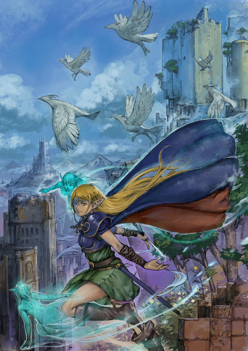 armor bird blonde_hair blue_cape breasts cape circlet clouds deedlit dress elf foot_out_of_frame highres long_hair looking_at_viewer multiple_girls pointy_ears record_of_lodoss_war shoulder_armor smile studiowestflat sword weapon