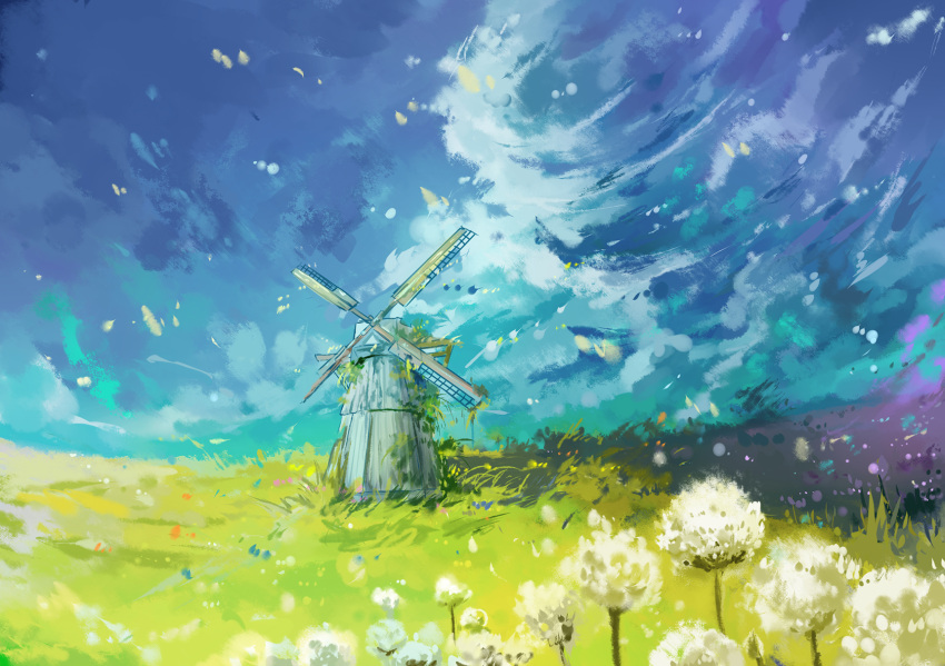 axleaki blue_sky clouds commentary day field flower flower_field grass highres no_humans original outdoors ruins scenery sky windmill