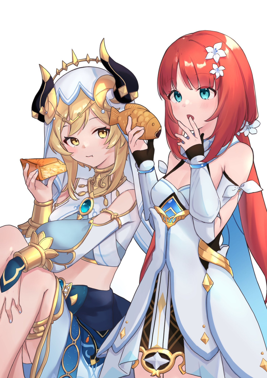 2girls animal_print aqua_eyes bare_shoulders blonde_hair breasts brooch circlet closed_mouth cosplay costume_switch detached_sleeves dress fake_horns fish_print flower food genshin_impact hair_between_eyes hair_flower hair_ornament harem_outfit highres horns jewelry long_hair long_sleeves lumine_(genshin_impact) lumine_(genshin_impact)_(cosplay) midriff multiple_girls neck_ring nilou_(genshin_impact) nilou_(genshin_impact)_(cosplay) open_mouth redhead stomach veil white_dress white_flower yellow_eyes yu_ri_0320