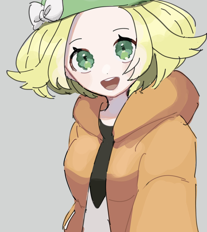 1girl :d beret bianca_(pokemon) blonde_hair bow commentary_request eneko_(olavcnkrpucl16a) eyelashes green_eyes green_headwear grey_background hat hat_bow highres hood hooded_jacket jacket open_mouth orange_jacket outstretched_arm pokemon pokemon_(game) pokemon_bw2 selfie short_hair smile solo teeth tongue upper_body upper_teeth_only wavy_eyes white_bow