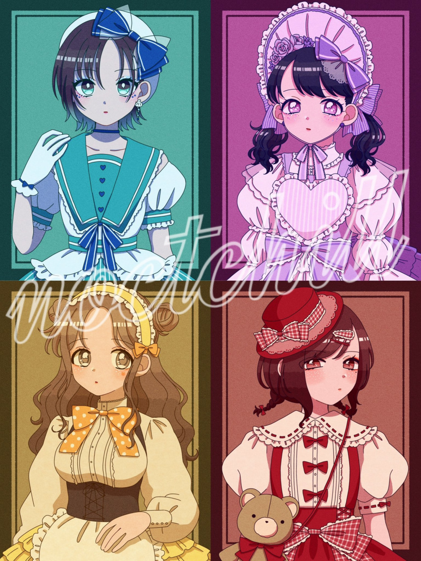 4girls artist_request asakura_toru bow collage commentary_request double_bun dress earrings frilled_hairband frills fukumaru_koito gloves hair_bow hair_bun hair_ornament hairband hairclip hat headdress highres higuchi_madoka ichikawa_hinana idolmaster idolmaster_shiny_colors jewelry lolita_fashion looking_at_viewer multiple_girls neck_ribbon noctchill_(idolmaster) puffy_short_sleeves puffy_sleeves ribbon sailor_collar short_sleeves stuffed_animal stuffed_toy teddy_bear upper_body white_gloves