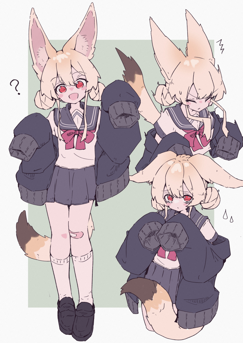 1girl :d ? ^^^ absurdres animal_ear_fluff animal_ears bandaid bandaid_on_knee bandaid_on_leg black_footwear black_jacket blonde_hair blush_stickers border closed_eyes closed_mouth commentary_request cropped_legs crying crying_with_eyes_open double_bun ears_down fox_ears fox_girl fox_tail full_body green_background grey_sailor_collar grey_skirt hair_bun hands_up happy highres jacket loafers looking_at_viewer megateru multiple_views open_clothes open_jacket open_mouth original outside_border pleated_skirt red_eyes ribbon sad sailor_collar school_uniform serafuku shirt shoes simple_background skirt sleeves_past_fingers sleeves_past_wrists smile sweatdrop tail tearing_up tears very_long_sleeves white_border white_shirt