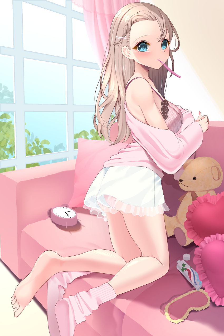 1girl absurdres blue_eyes blush bra brown_hair couch dressing highres holding holding_toothbrush long_hair on_couch original pink_bra skirt socks stigma1101 stuffed_animal stuffed_toy teddy_bear toothbrush toothbrush_in_mouth underwear