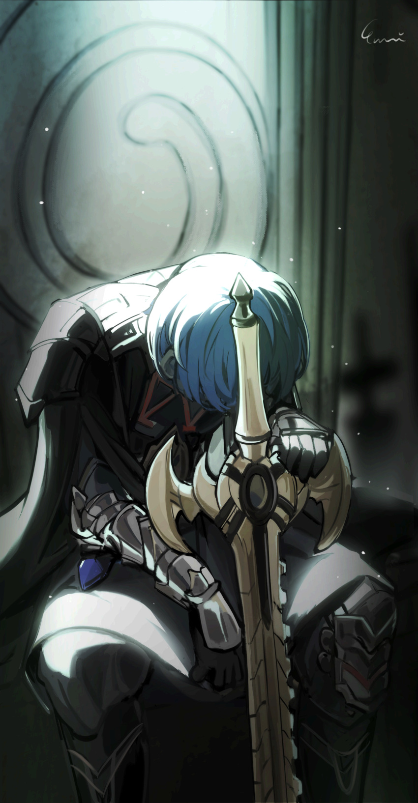 1boy absurdres armor black_armor black_cape black_gloves blue_hair byleth_(fire_emblem) byleth_(male)_(fire_emblem) cape commentary_request fire_emblem fire_emblem:_three_houses gauntlets gloves highres holding holding_sword holding_weapon looking_down male_focus short_hair signature sitting solo sword sword_of_the_creator throne weapon zhengyuriri