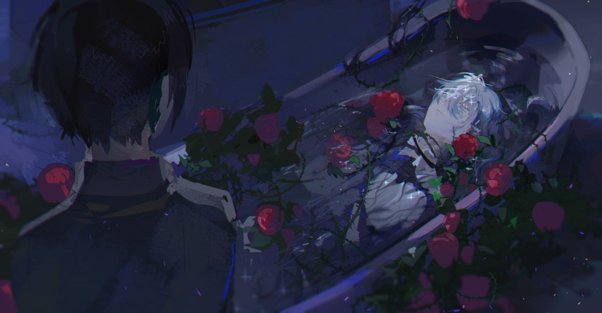 2boys absurdres bai_liu bath black_hair flower highres i_became_a_god_in_a_horror_game kakin666 looking_at_another multiple_boys red_flower red_rose rose short_hair sleeping tavel underwater waves white_hair