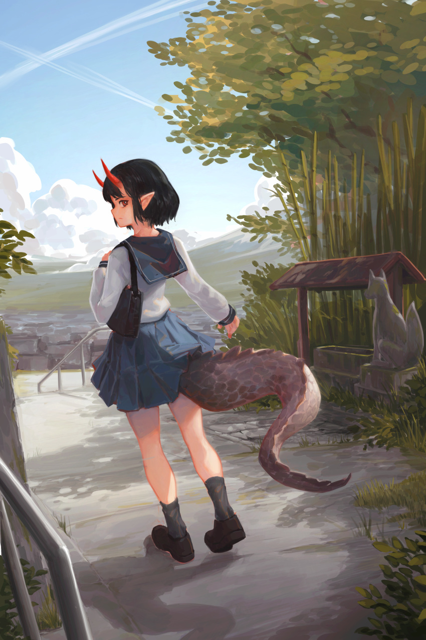 1girl absurdres bag bamboo black_bag black_footwear black_hair black_socks blue_skirt closed_mouth commentary day dragon_girl dragon_tail felix_thirasat fox_statue highres horns loafers long_sleeves looking_at_viewer looking_back oni_horns original outdoors pleated_skirt pointy_ears red_eyes red_horns school_uniform serafuku shirt shoes short_hair shoulder_bag skirt socks solo tail white_shirt wide_shot