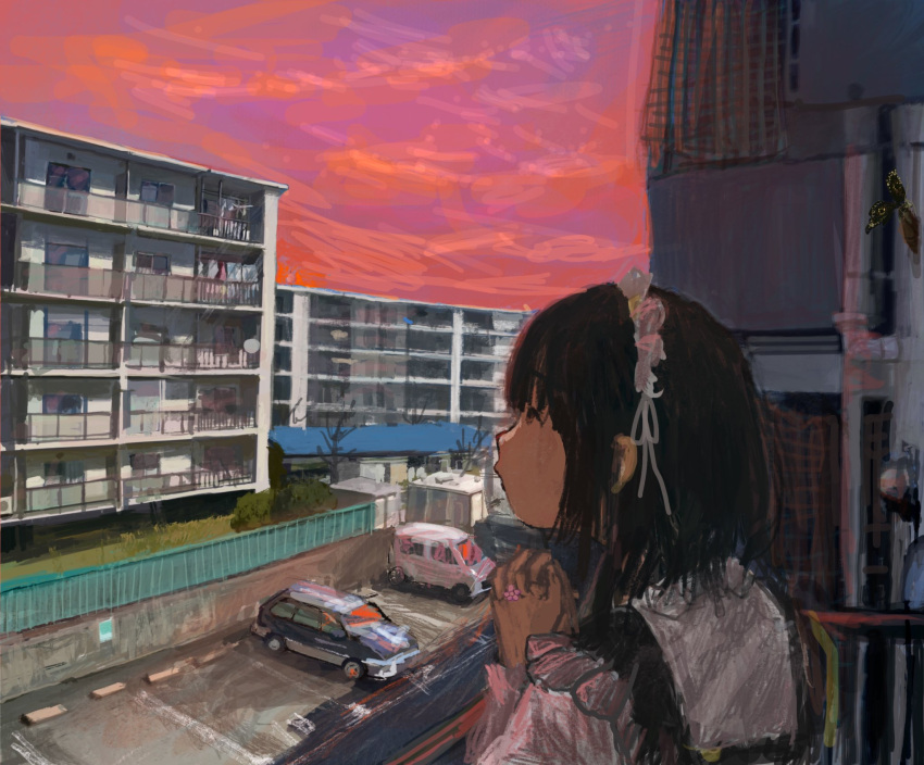 1girl balcony black_hair bug building dress etpanw evening from_side hairband highres lolita_hairband long_sleeves looking_up moth motor_vehicle original outdoors own_hands_together parking_lot railing short_hair sky van