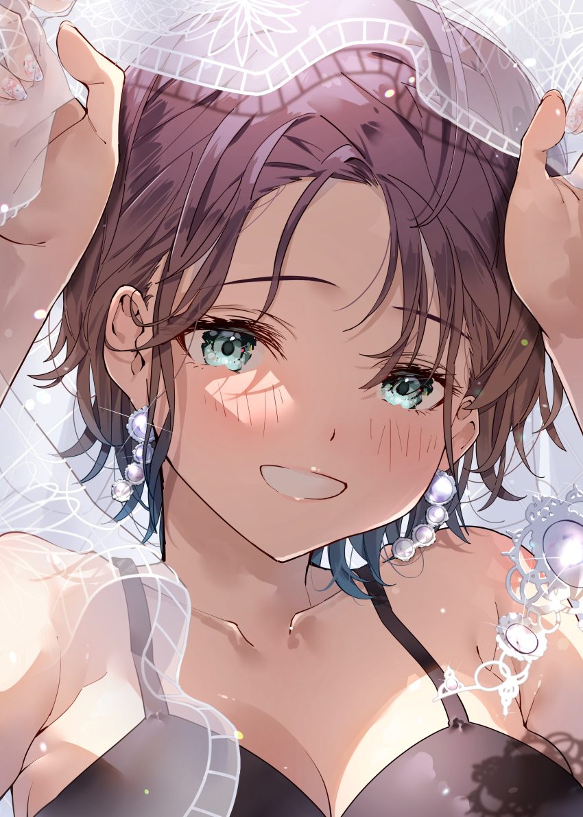 1girl absurdres aqua_eyes aqua_hair asakura_toru bare_shoulders black_tank_top blush collarbone commentary_request earrings gradient_hair grey_hair grin highres idolmaster idolmaster_shiny_colors jewelry looking_at_viewer multicolored_hair nail_art parted_bangs portrait puni_(punycolors) short_hair smile solo spaghetti_strap tank_top two-tone_hair upper_body veil
