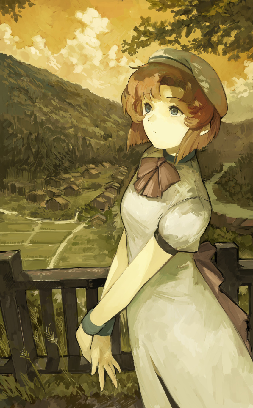 1girl absurdres asymmetrical_bangs blue_eyes bow bowtie closed_mouth clouds cloudy_sky dress expressionless eyelashes feet_out_of_frame fence field hat highres higurashi_no_naku_koro_ni house kornod looking_afar medium_hair mountainous_horizon orange_hair orange_sky outdoors outstretched_arms own_hands_together painterly pink_bow puffy_short_sleeves puffy_sleeves red_bow ryuuguu_rena short_sleeves sky solo tree white_dress white_headwear wooden_fence wristband yellow_sky