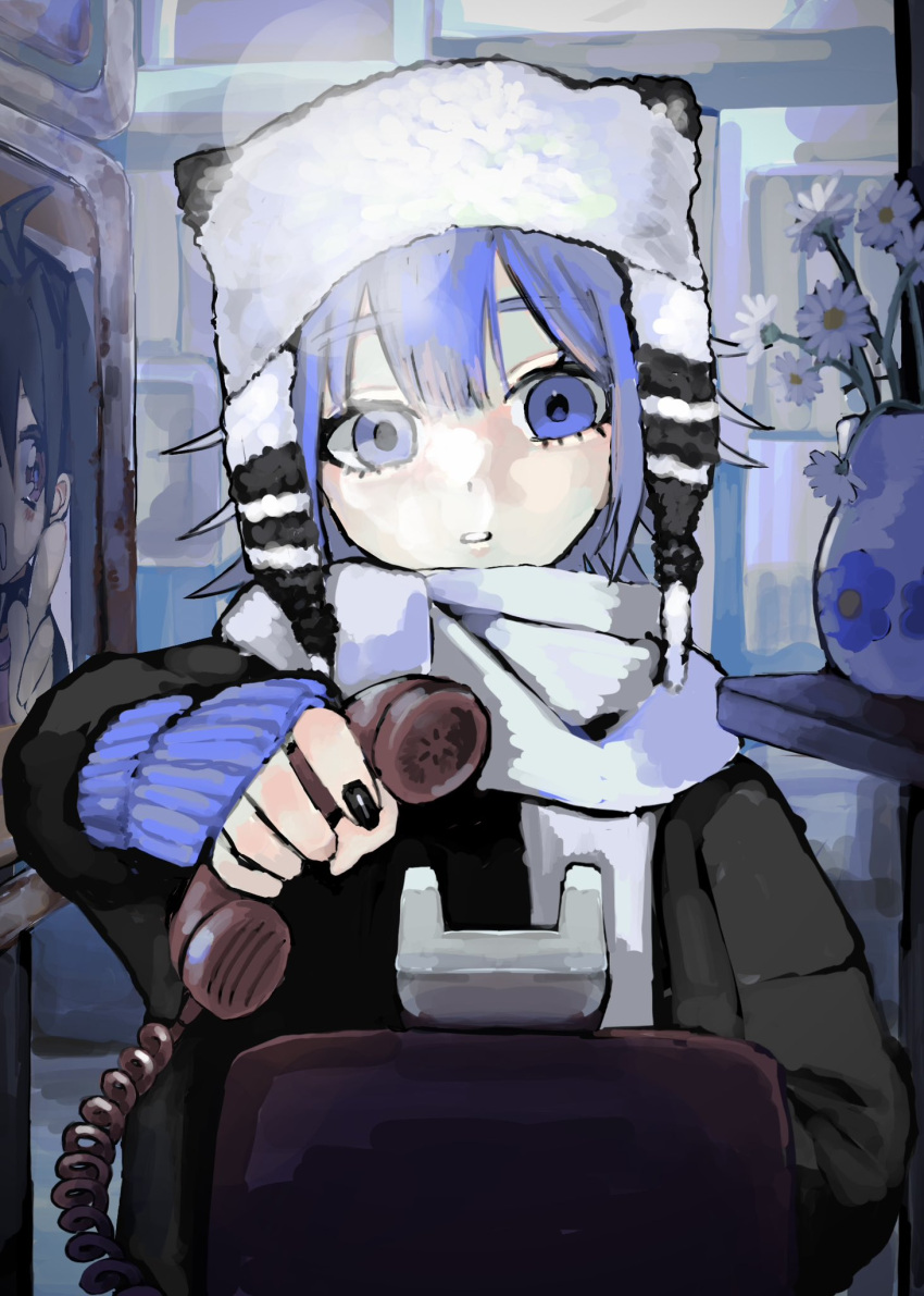 1girl animal_ear_headwear black_jacket black_nails blue_eyes blue_hair blue_sweater commentary_request corded_phone daisy flower highres holding indoors jacket looking_at_viewer nail_polish original parted_lips phone scarf short_hair sleeves_past_wrists solo straight-on sweater upper_body urokogaran vase white_flower white_headwear white_scarf winter_clothes