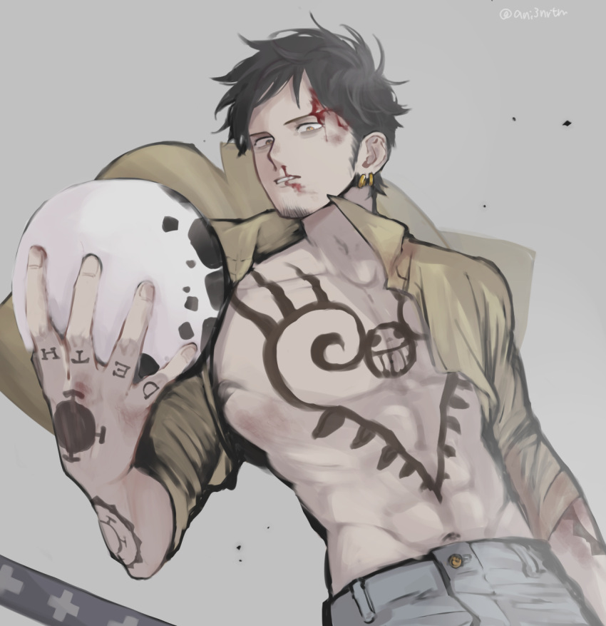 1boy ani3nrtm arm_tattoo black_hair blood blood_on_face chest_tattoo earrings facial_hair hand_tattoo hand_up hat hat_removed headwear_removed highres holding holding_clothes holding_hat injury jewelry male_focus nosebleed one_piece open_clothes open_shirt sheath shirt short_hair simple_background sleeves_rolled_up solo tattoo trafalgar_law twitter_username yellow_eyes yellow_shirt