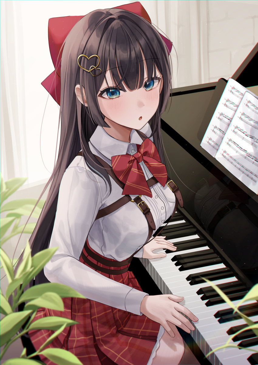 1girl :o absurdres blue_eyes blush bow bowtie brick_wall brown_hair buttons chest_harness collared_shirt cowboy_shot curtains grand_piano hair_between_eyes hair_bow harness high-waist_skirt highres indoors instrument long_sleeves looking_at_viewer music myowa o-ring_harness open_mouth original piano plaid plaid_skirt plant playing_instrument pleated_skirt raised_eyebrows red_bow red_bowtie red_skirt sheet_music shirt shirt_tucked_in sidelocks sitting skirt solo straight_hair striped striped_bow striped_bowtie white_shirt