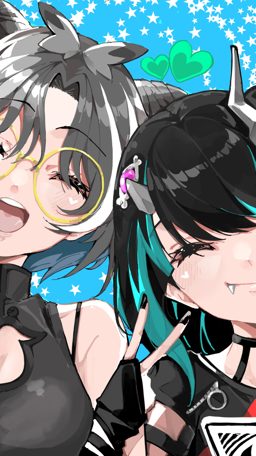 2girls black_dress black_hair black_nails blue_background blue_hair blush breasts closed_eyes closed_mouth commentary_request demon_girl demon_horns dress eye_hair_ornament eye_of_providence fang fang_out fingernails glasses grey_hair grey_wings head_wings heart highres horns medium_bangs medium_breasts medium_hair multicolored_hair multiple_girls nanashi_inc. official_alternate_costume open_mouth oura_rukako panyatteria parted_bangs round_eyewear shishio_chris shishio_chris_(3rd_costume) short_hair sleeveless sleeveless_dress smile star_(symbol) streaked_hair teeth two-tone_hair upper_body upper_teeth_only virtual_youtuber white_hair wings yellow-framed_eyewear