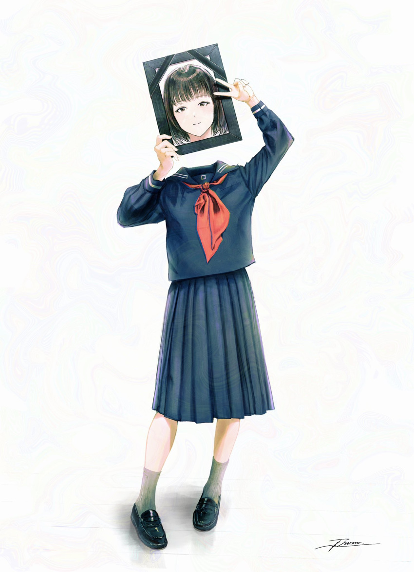 1girl black_footwear black_hair blue_sailor_collar blue_serafuku blue_shirt blue_skirt brown_eyes closed_mouth commentary fracoco full_body grey_socks headless highres holding holding_photo horror_(theme) loafers long_sleeves looking_at_viewer neckerchief original photo_(object) pleated_skirt portrait_(object) puffy_sleeves red_neckerchief sailor_collar school_uniform serafuku shirt shoes signature simple_background skirt socks solo standing v white_background