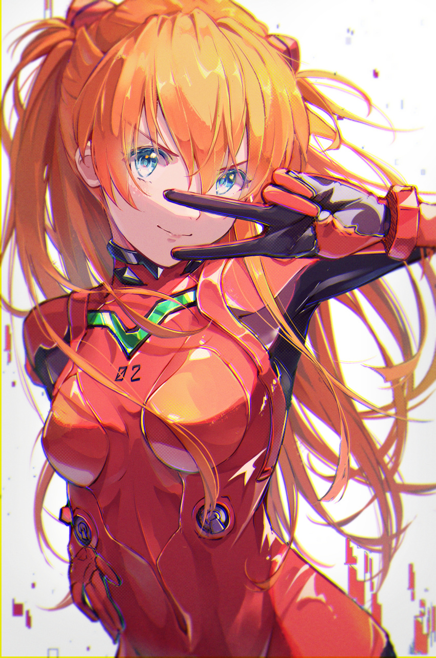 1girl absurdres blue_eyes bodysuit closed_mouth commentary fuunyon hair_between_eyes highres interface_headset long_hair looking_at_viewer neon_genesis_evangelion orange_hair pilot_suit plugsuit red_bodysuit science_fiction sidelocks simple_background solo souryuu_asuka_langley upper_body v white_background