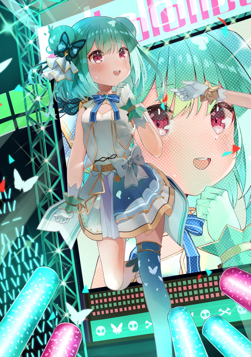 2girls absurdres arm_at_side back_bow belt blue_skirt blue_thighhighs boots bow bow_skirt bowtie butterfly_hair_ornament clenched_hand dancing double_bun eureka_814 gloves glowstick green_hair hair_bun hair_ornament hair_ribbon hand_up highres hololive hololive_idol_uniform idol idol_clothes large_bow layered_skirt medium_hair miniskirt multiple_girls official_alternate_costume red_eyes ribbon single_thighhigh skirt skirt_set sleeveless solo_focus stage sweat thigh-highs uruha_rushia vest virtual_youtuber white_bow white_footwear white_gloves white_skirt white_vest wrist_cuffs