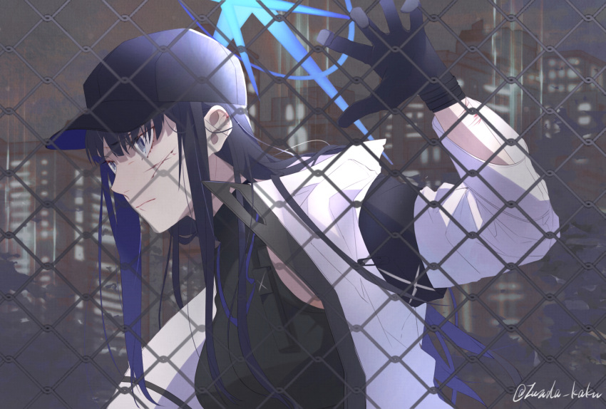 1girl artist_name baseball_cap black_gloves black_headwear black_sweater blood blood_on_face blue_archive blue_eyes blue_hair building closed_mouth fence gloves halo hat highres jacket long_hair long_sleeves looking_at_viewer night night_sky open_clothes open_jacket outdoors saori_(blue_archive) sky solo sweater turtleneck turtleneck_sweater upper_body white_jacket zunda_kaku