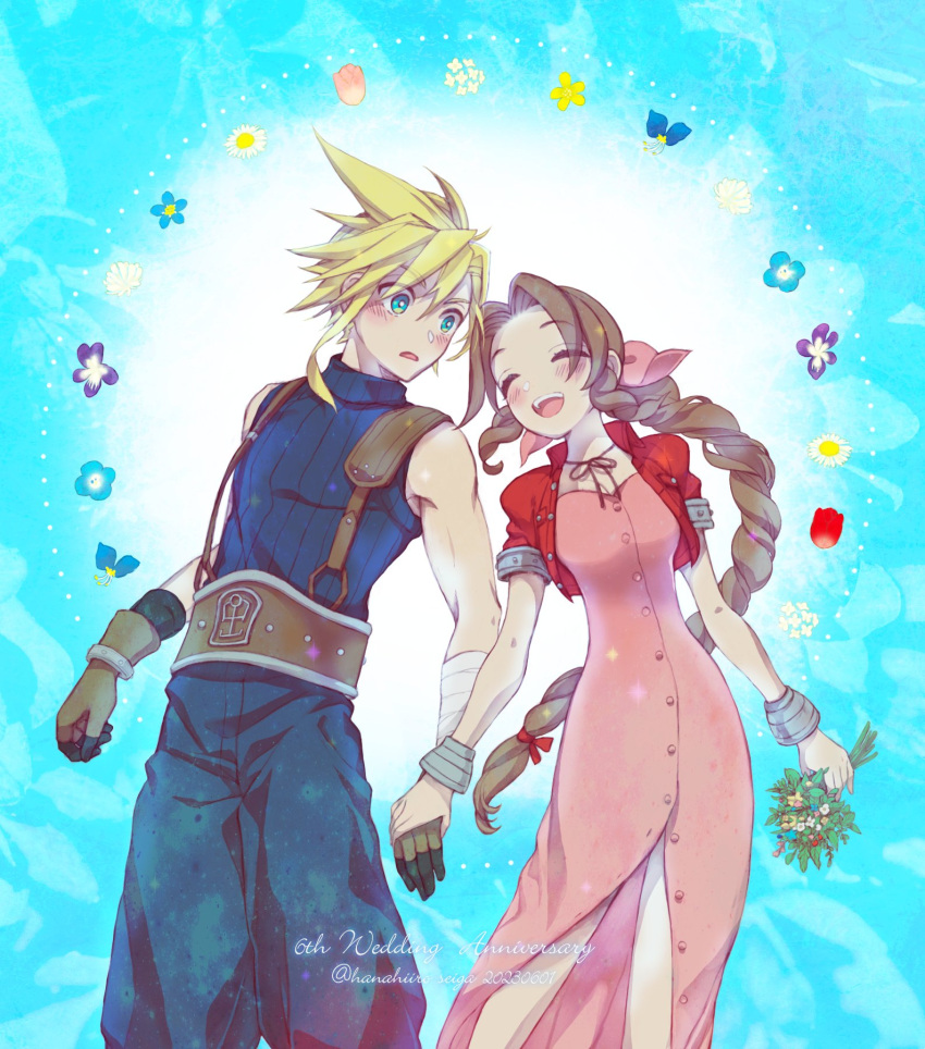 1boy 1girl 39cva aerith_gainsborough anniversary aqua_background aqua_eyes baggy_pants bandaged_arm bandages bangle bare_shoulders belt blonde_hair blue_pants blue_shirt blush bouquet bracelet braid braided_ponytail breasts brown_belt brown_gloves brown_hair choker closed_eyes cloud_strife commentary_request cowboy_shot cropped_jacket dated dress final_fantasy final_fantasy_vii flower gloves hair_between_eyes hair_ribbon highres holding holding_bouquet holding_flower holding_hands jacket jewelry long_dress long_hair medium_breasts open_mouth pants parted_bangs parted_lips pink_dress pink_ribbon puffy_short_sleeves puffy_sleeves red_jacket ribbon ribbon_choker shirt short_hair short_sleeves sidelocks single_braid sleeveless sleeveless_turtleneck smile spiky_hair suspenders teeth turtleneck twitter_username unbuttoned_dress upper_teeth_only