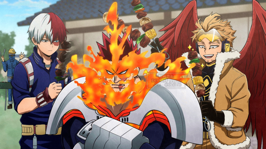 0ksiri0 4boys angry best_jeanist blank_eyes blonde_hair blue_eyes boku_no_hero_academia brown_eyes brown_jacket burn_scar closed_mouth commentary_request cooking crossed_arms day endeavor_(boku_no_hero_academia) facial_hair father_and_son feathered_wings fiery_hair food grill grilling hawks_(boku_no_hero_academia) highres holding holding_food holding_skewer holding_tongs jacket kebab looking_at_another male_focus meat multicolored_hair multiple_boys official_style open_mouth outdoors red_wings redhead scar scar_on_face short_hair skewer smile split-color_hair standing stubble todoroki_shouto tongs white_hair wings