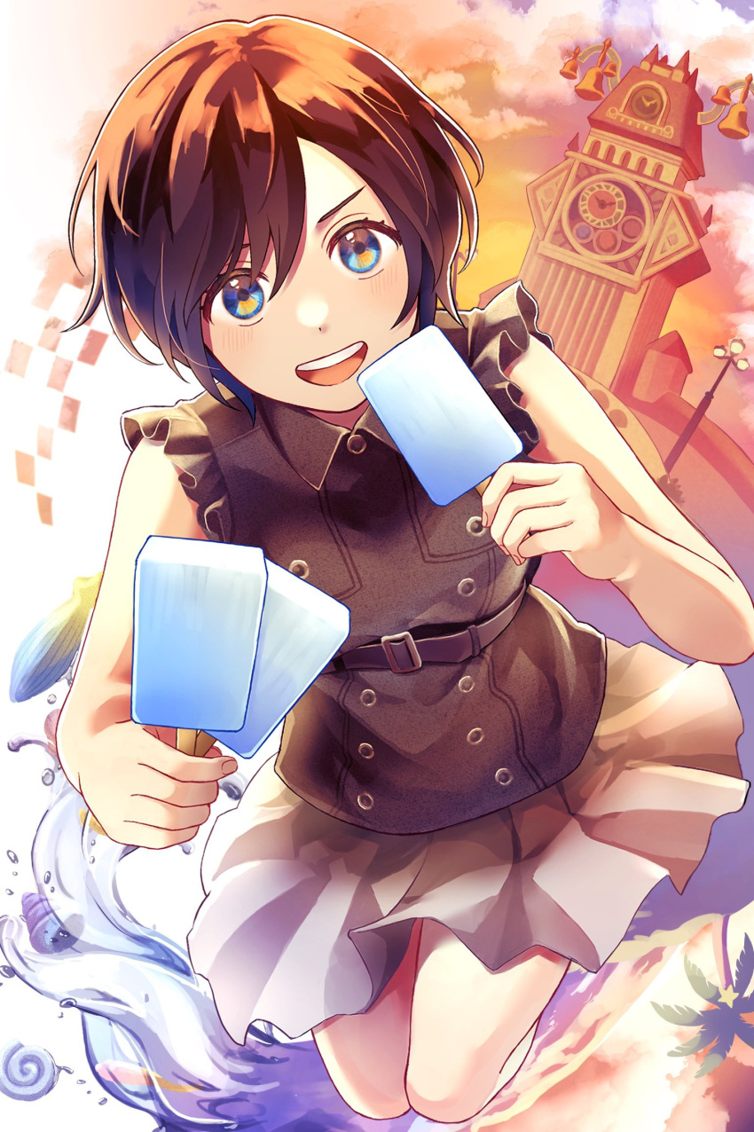 1girl bare_arms black_hair black_shirt blue_eyes clock clock_tower clouds cloudy_sky frilled_sleeves frills from_above grey_skirt hair_between_eyes highres holding_ice_cream ice_cream_bar kingdom_hearts kingdom_hearts_iii lamppost light_blush looking_at_viewer maki_haruki open_mouth palm_tree paopu_fruit pleated_skirt shell shirt short_hair skirt sky smile solo teeth tower tree upper_teeth_only xion_(kingdom_hearts)