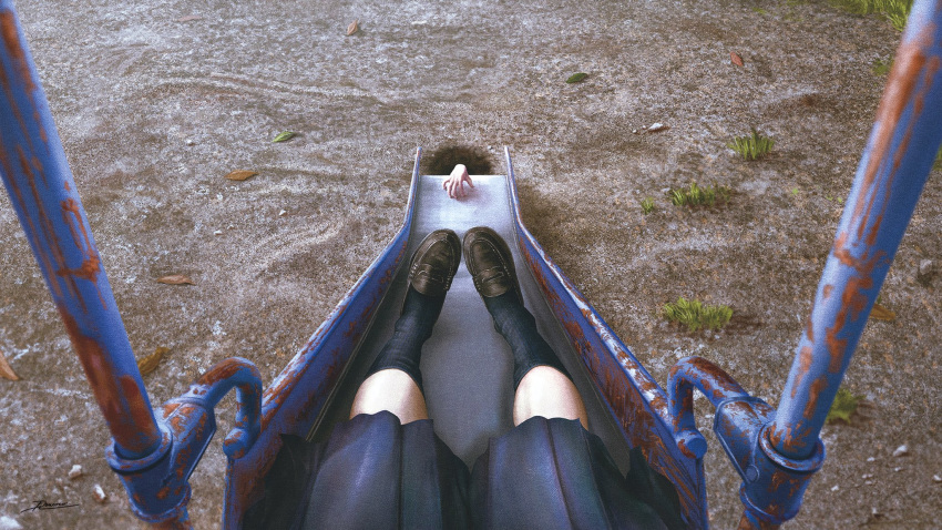 1girl 1other black_socks blue_skirt brown_footwear commentary_request fracoco highres horror_(theme) kneehighs loafers original playground pleated_skirt pov rust shoes signature sitting skirt slide socks