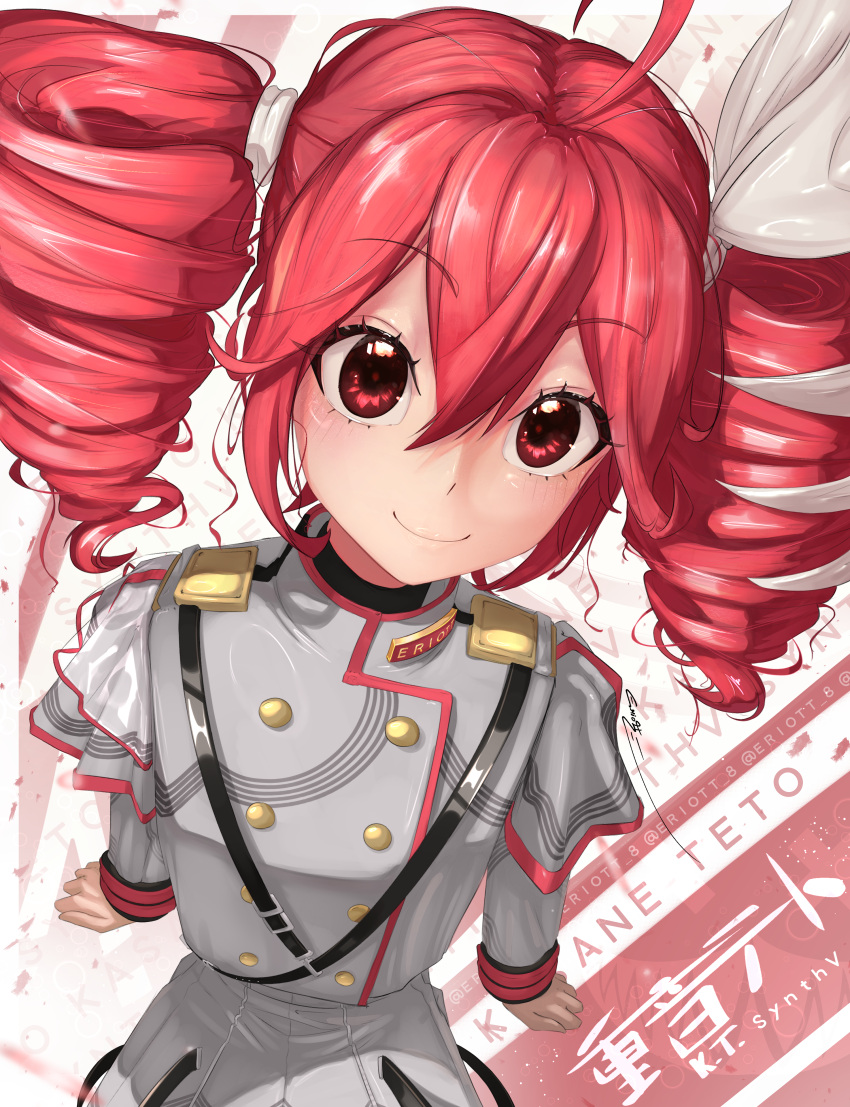 1girl absurdres ahoge bow closed_mouth drill_hair eriott grey_jacket hair_bow highres jacket kasane_teto kasane_teto_(sv) long_sleeves looking_at_viewer red_eyes red_trim redhead shoulder_boards sidelocks skirt smile solo synthesizer_v triple_baka_(vocaloid) twin_drills twintails utau vocaloid