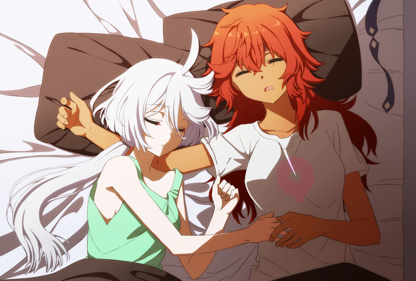 2girls ahoge arm_around_neck bare_shoulders bed bed_sheet collarbone from_above green_shirt gundam gundam_suisei_no_majo hair_between_eyes hand_on_another's_stomach highres holding_hands long_hair low-tied_long_hair lying miorine_rembran multiple_girls oiun on_back on_bed open_mouth pillow raised_eyebrows redhead shirt sidelocks sleeping sleeveless sleeveless_shirt suletta_mercury t-shirt underwear white_hair white_shirt yuri