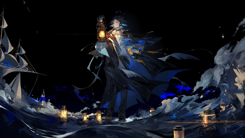 1boy absurdres aqua_hair arknights black_background black_coat black_pants blue_hair boat bright_pupils coat colored_inner_hair commentary dongsheng earrings feet_out_of_frame fish_boy highres holding holding_lantern infection_monitor_(arknights) jewelry lantern looking_afar lumen_(arknights) male_focus multicolored_hair night night_sky ocean orange_eyes pants pointy_ears shell shell_earrings shirt simple_background sky solo symbol-only_commentary wading watercraft waves white_pupils white_shirt
