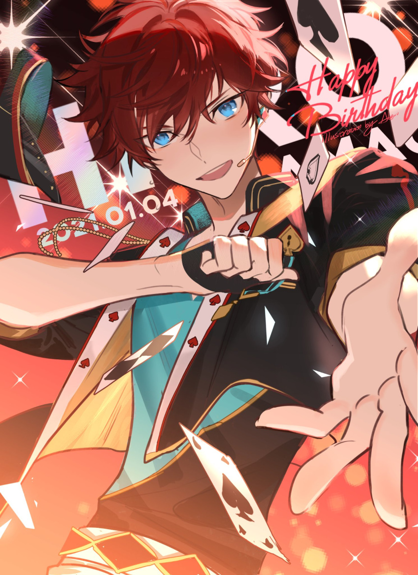 1boy aleo amagi_hiiro artist_name black_gloves blue_eyes card clenched_hand commentary dated ensemble_stars! fingerless_gloves gloves happy_birthday hat hat_removed headwear_removed high_collar highres jacket looking_at_viewer male_focus microphone open_clothes open_jacket open_mouth outstretched_hand playing_card redhead short_hair single_glove solo spade_(shape) teeth upper_teeth_only