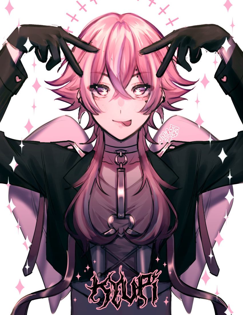 1boy androgynous angel_wings black_gloves black_jacket character_name chest_harness closed_mouth ear_piercing gloves grey_shirt harness highres jacket kyupi_(mih0) long_hair looking_at_viewer male_focus mih0 multicolored_hair original oshi_no_ko piercing pink_eyes pink_hair pink_wings purple_hair shirt smile solo sparkle tongue tongue_out white_background wings