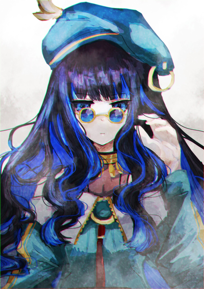 1girl absurdres atorie_noelu_24 bare_shoulders beret black_hair blue-tinted_eyewear blue_eyes blue_hair colored_inner_hair fate/grand_order fate_(series) green_headwear green_jacket hat highres jacket jewelry long_hair long_sleeves looking_at_viewer looking_over_eyewear multicolored_hair neck_ring off_shoulder round_eyewear simple_background solo sunglasses tenochtitlan_(fate) tenochtitlan_(second_ascension)_(fate) tinted_eyewear upper_body wavy_hair white_background zipper