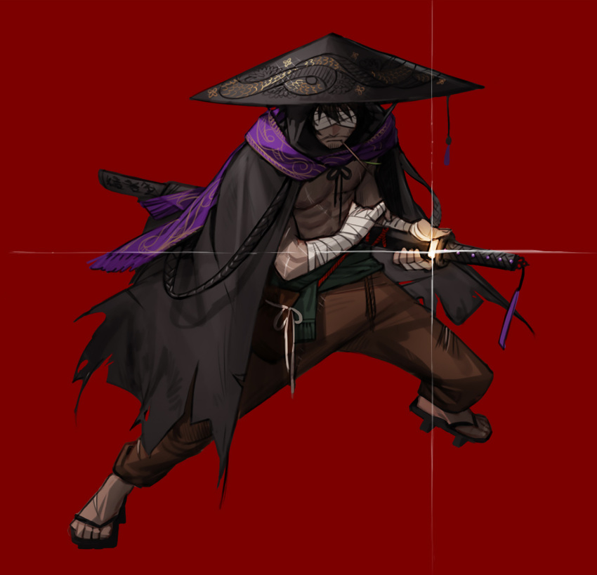 1boy bandaged_arm bandages black_cape black_headwear brown_pants cape full_body glint hat highres holding holding_sword holding_weapon katana male_focus original pants purple_scarf red_background rinotuna scarf simple_background solo standing sword weapon