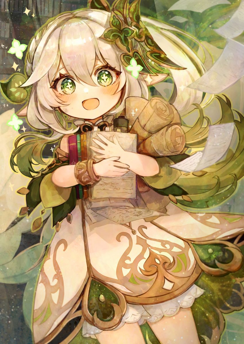 1girl absurdres bare_legs bloomers book bracelet cape commentary_request cowboy_shot dress excited flower-shaped_pupils genshin_impact gold_trim gradient_hair green_cape green_eyes green_hair grey_hair hair_ornament happy highres holding holding_book holding_map holding_paper indoors jewelry looking_at_viewer map multicolored_hair nahida_(genshin_impact) paper paper_stack pointy_ears ponytail shelf side_ponytail solo symbol-shaped_pupils tgf_pic underwear white_bloomers white_dress