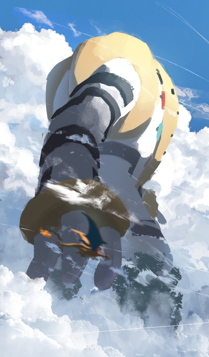 absurdres arms_at_sides asteroid_ill blue_sky charizard clouds cloudy_sky contrail day from_side highres looking_ahead no_humans outdoors pokemon pokemon_(creature) regigigas sky walking