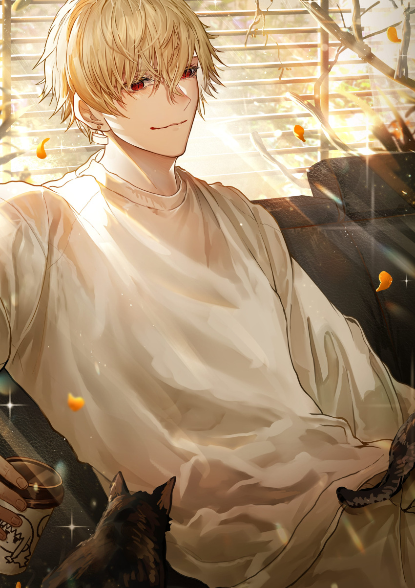 1boy absurdres blinds blonde_hair cat closed_mouth coffee_cup commentary_request couch cup disposable_cup fate/extra fate/extra_ccc fate_(series) gilgamesh_(fate) hair_between_eyes highres holding holding_cup indoors long_sleeves male_focus pants red_eyes sanbon_hijiki shirt short_hair smile solo sparkle upper_body white_shirt window