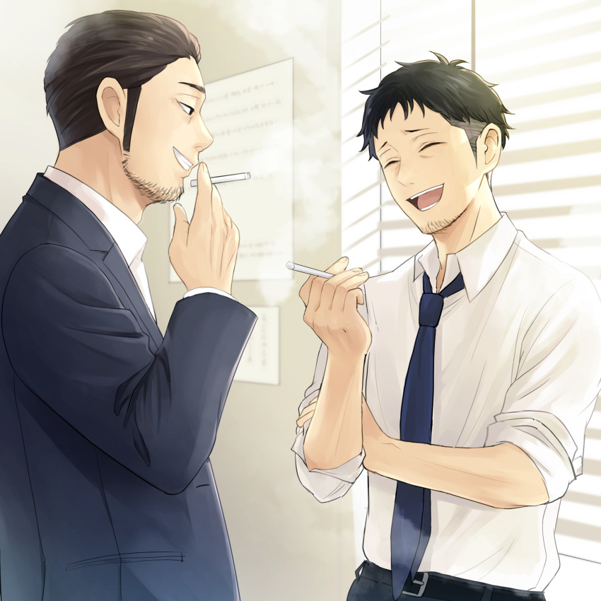 2boys :d back_hair belt blue_necktie character_request cigarette closed_eyes day facial_hair formal hair_slicked_back hakozume:_kouban_joshi_no_gyakushuu hand_on_own_arm highres indoors laughing male_focus michino_(81097636) multiple_boys necktie sakuma_(hakozume) shirt sideburns sleeves_rolled_up smile smoking standing stubble suit tobacco white_shirt window window_shade