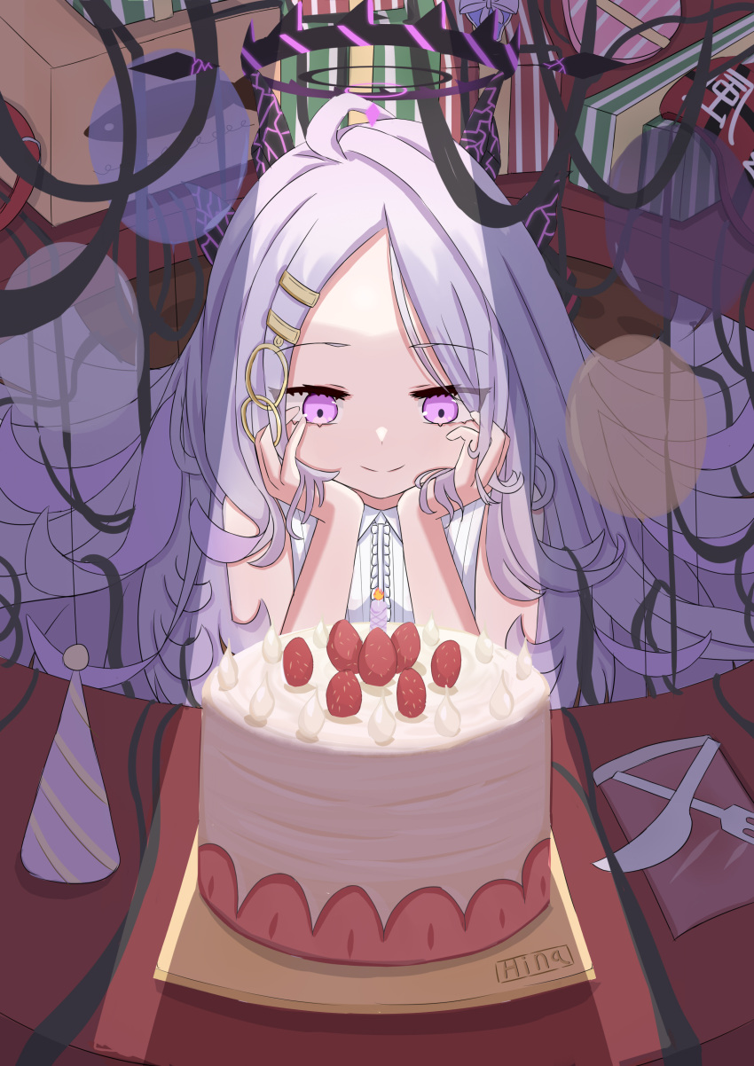 1girl absurdres ahoge bare_shoulders birthday_cake blue_archive cake closed_mouth commentary demon_girl demon_horns dress expeddddd food hair_ornament hairclip halo hands_on_own_cheeks hands_on_own_face highres hina_(blue_archive) horns long_hair looking_at_object official_alternate_costume parted_bangs sidelocks sleeveless smile solo violet_eyes white_dress white_hair