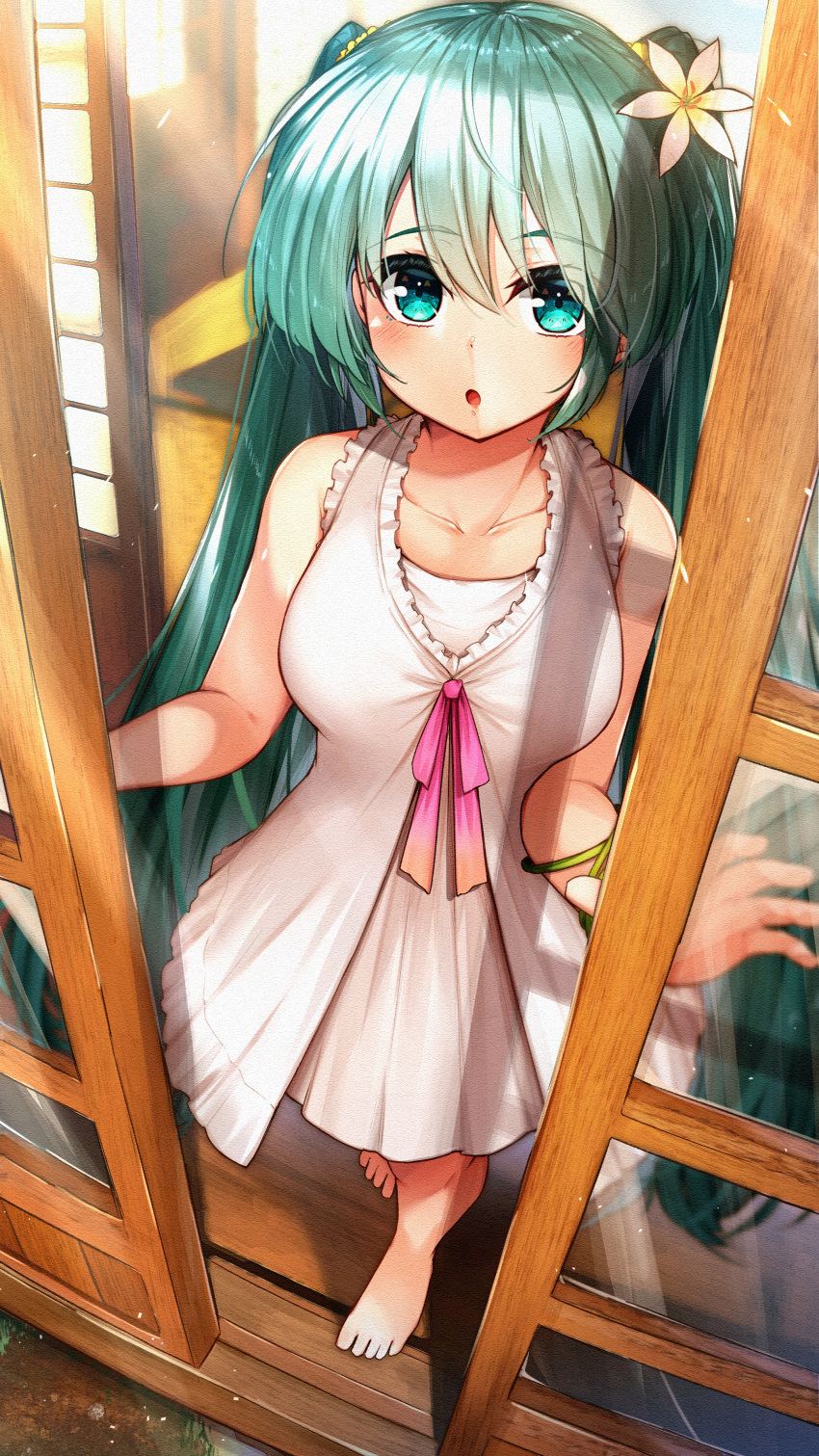 1girl :o absurdres architecture bare_arms barefoot blush breasts collarbone commentary_request dress east_asian_architecture eyelashes eyes_visible_through_hair feet flower foreshortening frilled_dress frills from_above glass green_eyes green_hair hair_between_eyes hair_flower hair_ornament hair_scrunchie hatsune_miku highres indoors large_breasts long_hair looking_at_viewer marutenmaruten open_mouth opening_door pink_ribbon ribbon scrunchie shouji sleeveless sleeveless_dress sliding_doors solo straight_hair surprised toes twintails upturned_eyes very_long_hair vocaloid white_dress white_flower yellow_scrunchie