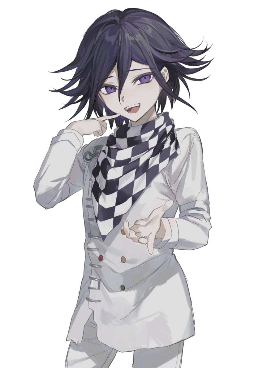 1boy black_hair checkered_clothes checkered_scarf danganronpa_(series) danganronpa_v3:_killing_harmony hair_between_eyes highres long_sleeves looking_at_viewer male_focus multicolored_hair oma_kokichi open_mouth pants purple_hair scarf simple_background solo straitjacket teeth torn_clothes upper_teeth_only violet_eyes white_background zaso