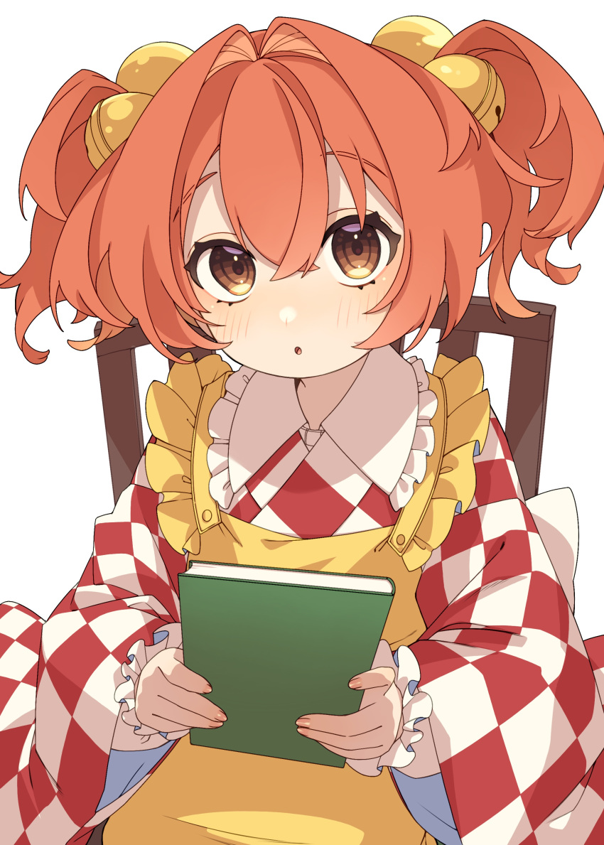 1girl absurdres apron bell blush book chair checkered_clothes checkered_kimono e_sdss fingernails hair_bell hair_between_eyes hair_ornament highres holding holding_book japanese_clothes jingle_bell kimono long_sleeves looking_at_viewer motoori_kosuzu parted_lips red_eyes redhead short_hair simple_background sitting solo touhou twintails two_side_up white_background wide_sleeves yellow_apron