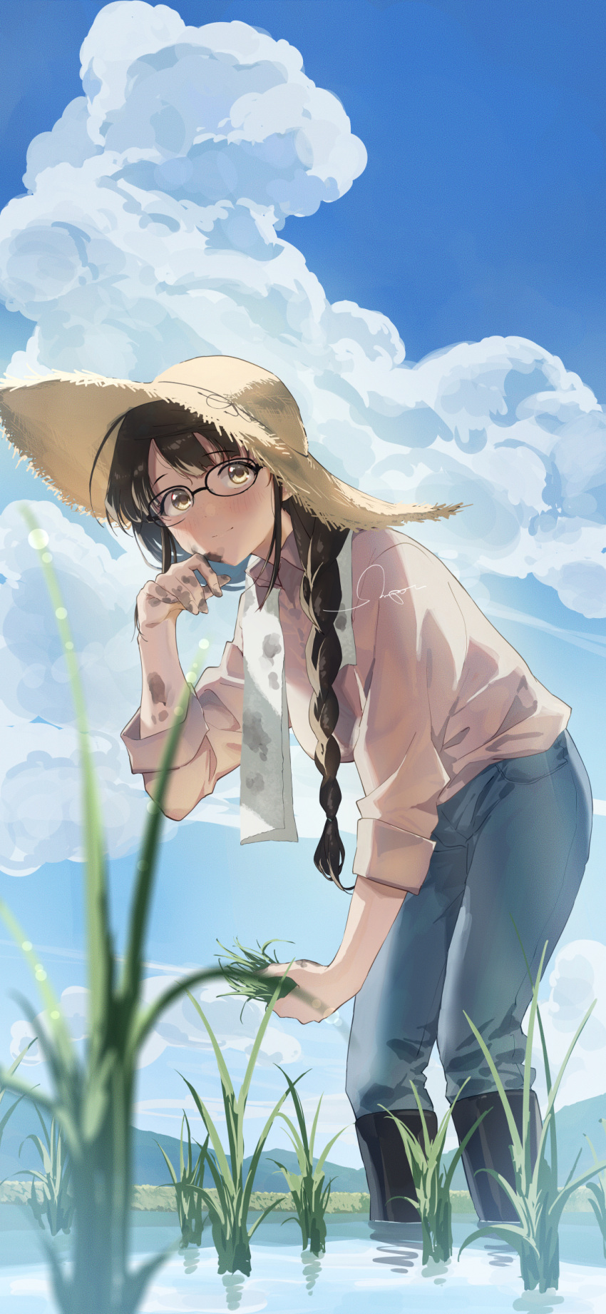 1girl absurdres black-framed_eyewear blue_sky blurry blush boots braid braided_ponytail breasts clouds denim depth_of_field dirty dirty_face glasses hair_over_shoulder hat highres idolmaster idolmaster_cinderella_girls jeans large_breasts leaning_forward light_smile looking_at_viewer okuyama_saori outdoors pants pink_shirt rice_planting rubber_boots sanpo_(sanpo_1027) shirt signature sky straw_hat wading white_towel