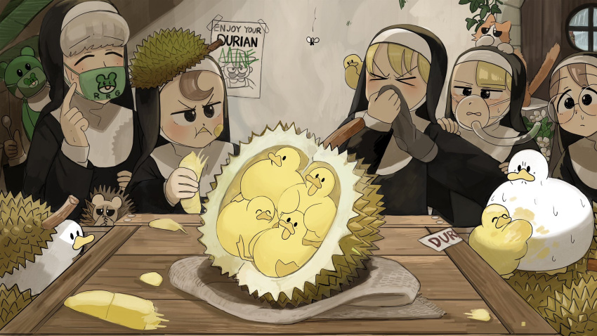 &gt;_&lt; 5girls bird blonde_hair brown_eyes brown_hair cat catholic chicken clumsy_nun_(diva) covering_nose disgust diva_(hyxpk) duck duckling durian eating english_commentary froggy_nun_(diva) glasses glasses_nun_(diva) grey_hair habit hanging_plant hedgehog highres little_nuns_(diva) mask mouth_mask multiple_girls nun oxygen_mask rain round_eyewear sheep_nun_(diva) smell spicy_nun_(diva) traditional_nun